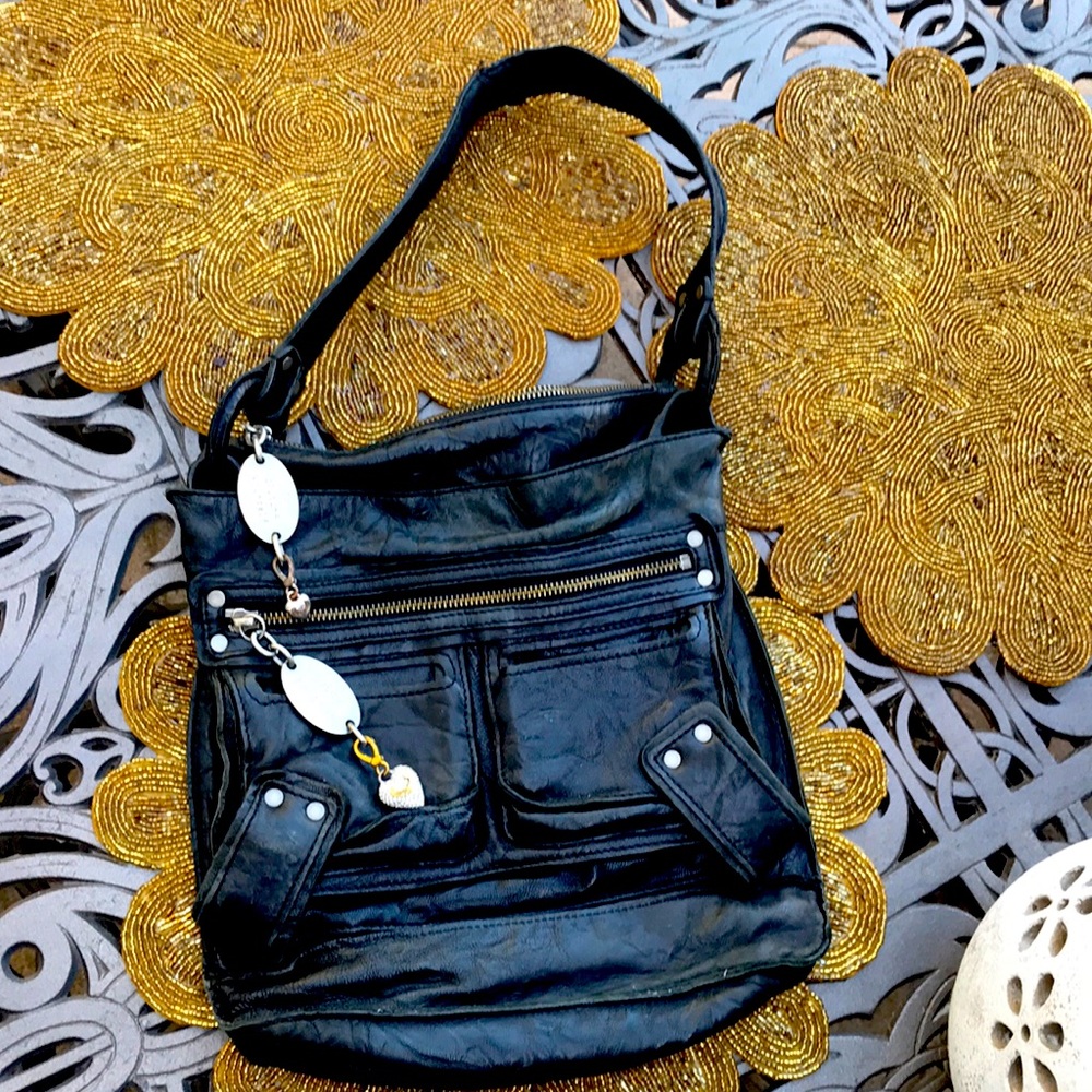 Vintage Y2K RARE Juicy Couture Black Leather Purse with Pave Puff Heart Charm